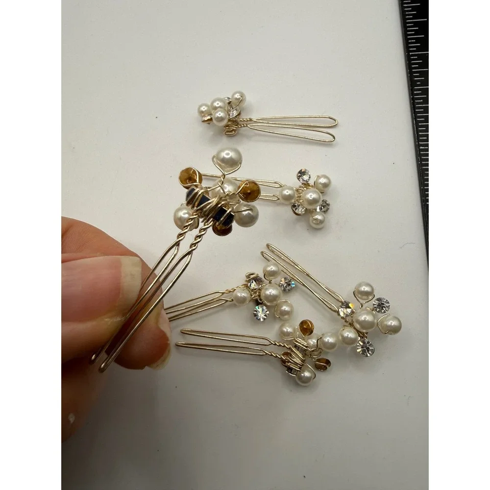 Set of 5 Gold Tone Faux Pearl Rhinestone Bridal Hair Pins Wedding Accessories